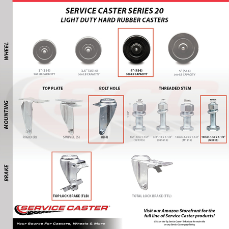Service Caster 4 Inch Hard Rubber Wheel Swivel 10mm Threaded Stem Caster Set with Brake SCC SCC-TS20S414-HRS-TLB-M1015-4